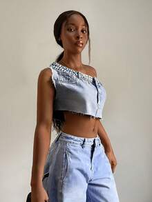 SHEIN Tall Áo denim nữ casual gợi cảm, vai lệch, rách gối - Rửa nhẹ - Xem 4