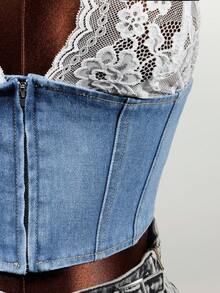 SHEIN Áo kiểu denim cổ yếm phối ren tương phản, khóa kéo phía trước dành cho nữ, trang phục nữ, phong cách Y2K. - Màu xanh lam - Xem 4