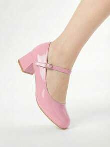 ROMWE Kawaii New Shiny Patent Leather Thick Heel Round Toe Pink High Heels For Women. Fashionable Instep Strap Buckle Mary Jane Shoes, Comfortable For Indoor Outdoor Party Evening Banquet High Heel Pumps, Pink High Heels - Dusty Pink - View 5