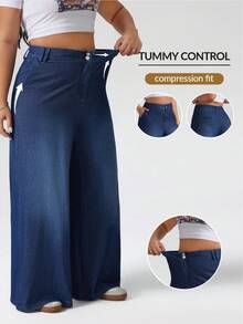 SHEIN PETITE CURVE 大码女式高腰双扣针织阔腿牛仔裤弹力休闲夏季穿搭大码纯色中腰带环休闲直筒宽松牛仔裤 - 深色水洗藍 - 查看 2