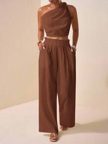 Veslaya Western Style, Nomadic Style, Birthday Party, Graduation Season, Student Wear, Daily Casual, Vacation, Cruise Travel, Business Casual Twist Knot Cropped Women's Top And Loose Textured Pocket Wide Leg Pants Plus Size Women's Set Valentine's Day Outfit - Brown - View 8