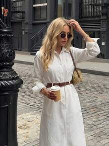 Spring Women's Casual White Pocket Lapel Belted Mid-Length Dress Sundress - White - View 2