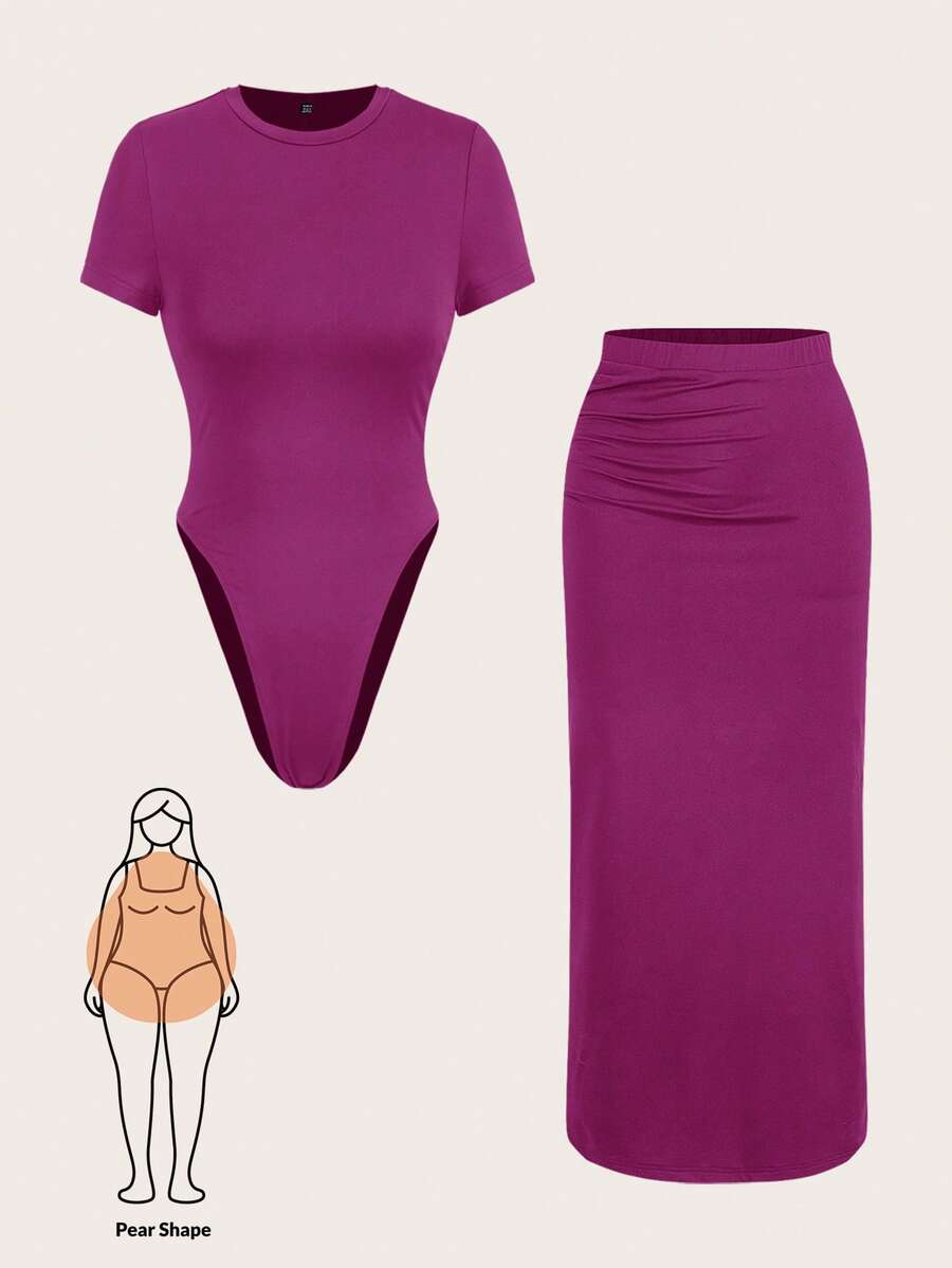 SHEIN Essnce Plsize 女士休闲两件套，针织套装，连体裤和半身裙套装，夏季两件套，休闲女装，黑色正式连衣裙，女士绷带连衣裙夏季套装 - 中紫紅色 - 查看 1