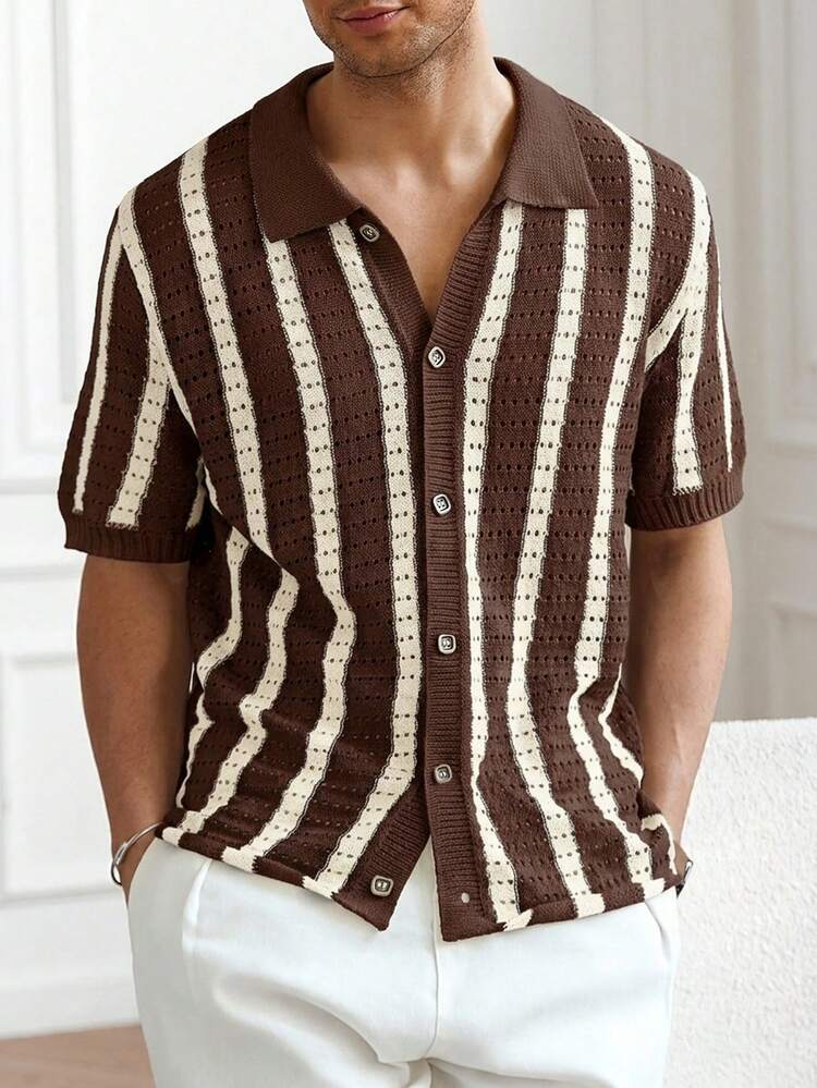 Manfinity Homme Áo thun nam tay ngắn dệt kim họa tiết sọc phối màu, phong cách thường ngày, thích hợp cho kỳ nghỉ hè. - Nhiều màu - Xem 5