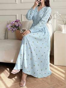 Feyla Women's Casual Ditsy Floral Dress For Vacation Elegant Light Blue Print Fitted Waist Maxi Women, Perfect All Seasons, Ideal Vacations. - Blue - View 5
