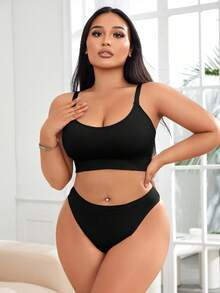 SHEIN Plus Size Solid Color Bralette And Triangle Panties Set, Lift - Black - View 3
