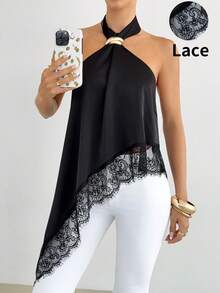 Siren Gaze 女士纯色撞色蕾丝不对称下摆时尚吊带上衣 - 黑色 - 查看 1