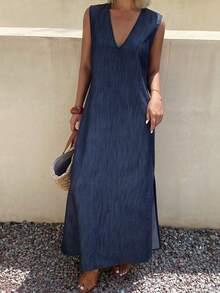 Livesso Casual Bohemian Blue Denim Effect Sleeveless Dress, Suitable For Spring/Summer Beach, Vacation, Commute Sun Dresses For Women - Blue - View 2
