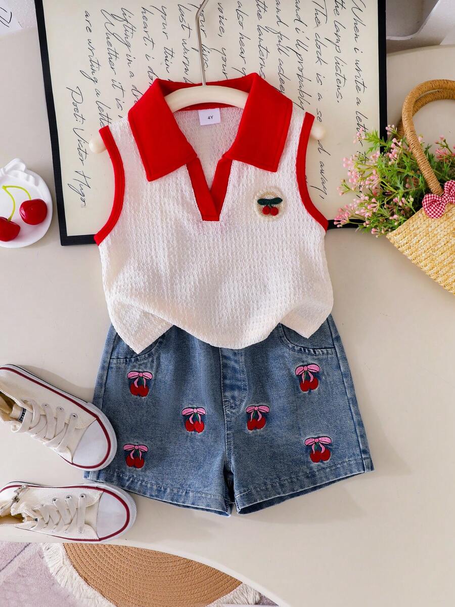 Elladie kids 两件套女童夏季新款杏色针织领樱桃装饰背心上衣和牛仔短裙，刺绣樱桃复古可爱套装 - 紅色 - 查看 1