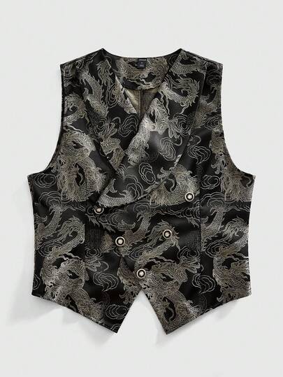 ROMWE MEN Áo vest nam kiểu Gothic hai hàng khuy họa tiết rồng jacquard