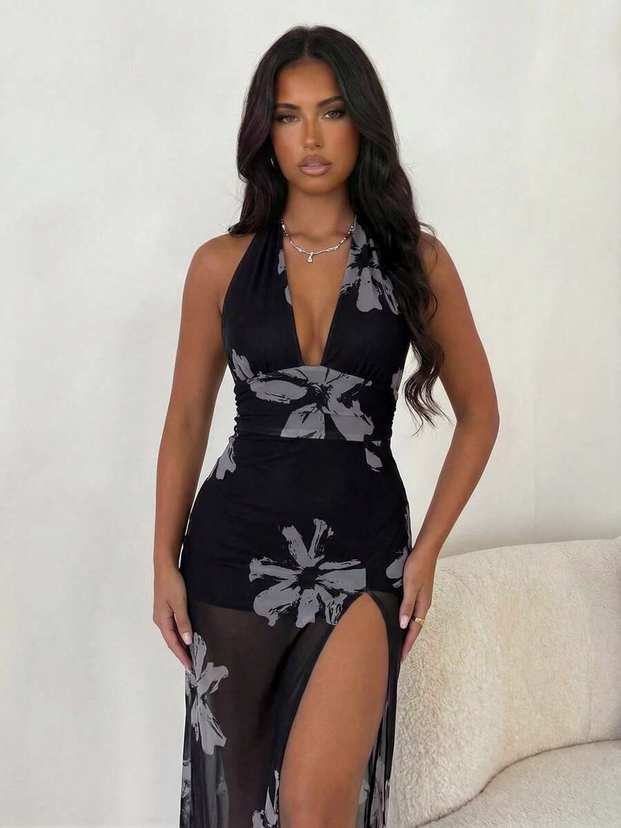 SHEIN Allurite 黑色印花露背性感V领高开衩修身无袖不对称长裙，尽显优雅气质，适合舞会、锐舞派对、街头风、演唱会、夜店、约会、生日、秋冬等各种场合，是派对必备、情人节、新年、婚礼等场合的理想之选。 - 彩色 - 查看 1