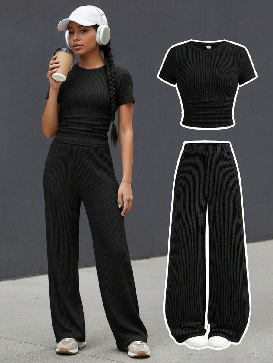 Conjunto informal de camiseta de punto gris ajustada y pantalones sueltos con bolsillo de cintura elástica para adolescentes, adecuado para primavera/verano. Incluye top de manga corta de cuello redondo bordado ajustado de punto y pantalones de chándal a juego bordados - Negro - Ver 1