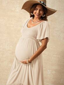 Boho Mama Maternity Elegant Shirred Ruffle Hem Vacation Dress For Summer - Khaki - View 5