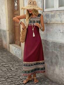 EMERY ROSE Plus Size Women Geometric Print Sleeveless Round Neck Dress, Vacation - Burgundy - View 6