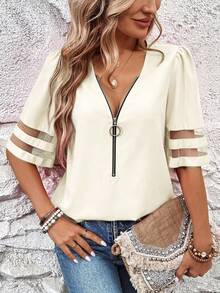 EMERY ROSE Camisa casual de malla y parches para mujer de vacaciones - Albaricoque - View 6