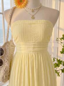 Comfortcana Đầm ống màu trắng thoáng mát, kiểu dáng thường ngày, cỡ lớn, thích hợp cho kỳ nghỉ, chất liệu vải có họa tiết. - Vàng nhạt - Xem 6