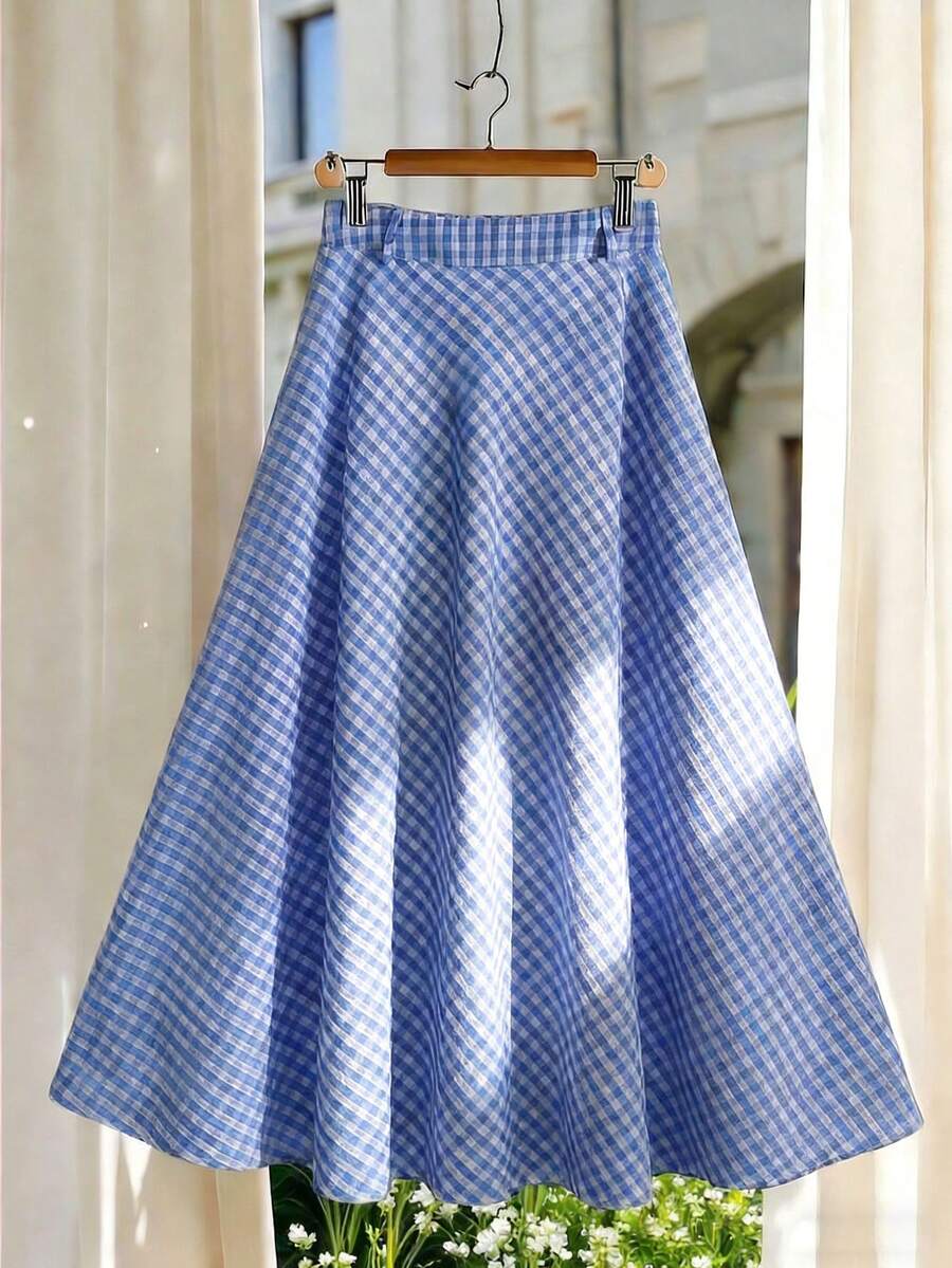 GlowEve 女士优雅格子A字裙 - 藍色 - 查看 1