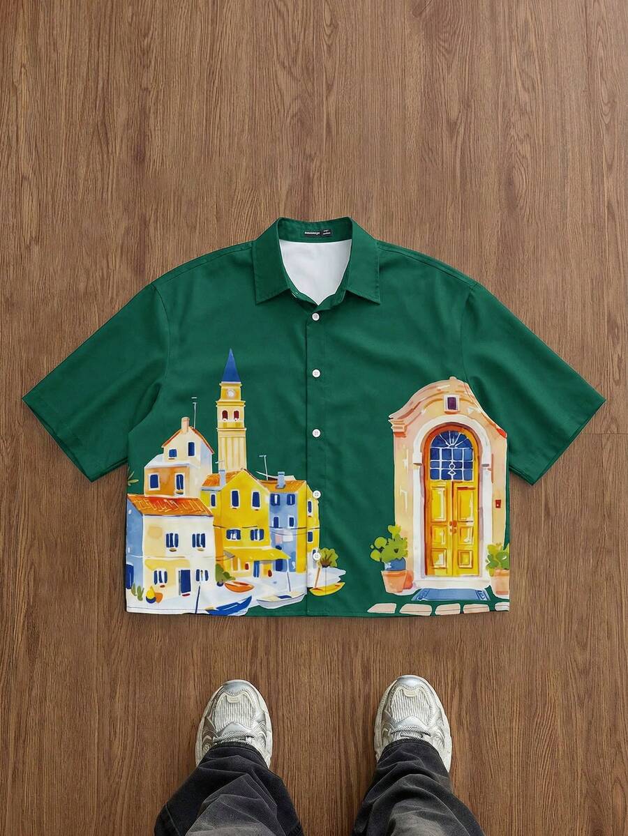 Manfinity Joysei Men's Architecture Print Short Sleeve Single-Breasted Casual Cropped Shirt - Dark Green - View 1