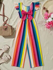 SHEIN Tween Girls' Casual Vacation Hollow Back Contrast Bow Cap Sleeve Ditsy Floral Romper - Multicolor - View 6