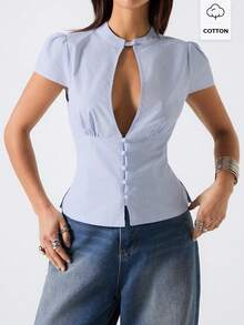 LYSMO 2026 New Arrive Minimalism Spring/Summer Women's Sexy Striped Hollow-Out Blouse, Summer,Summer Top - Baby Blue - View 1