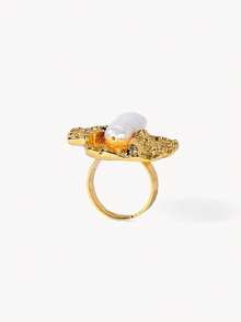 Opalesca Anillo abierto para mujer, premium/elegante/elegante/uso diario/minimalista, perla/cristal, para mamá/mujer/niña/madre, verano/playa/baile de graduación/fiesta/vacaciones, compromiso/boda/promesa, novia, corazón/floral, Fairycore/Mermaidcore - Amarillo Oro - Ver 10