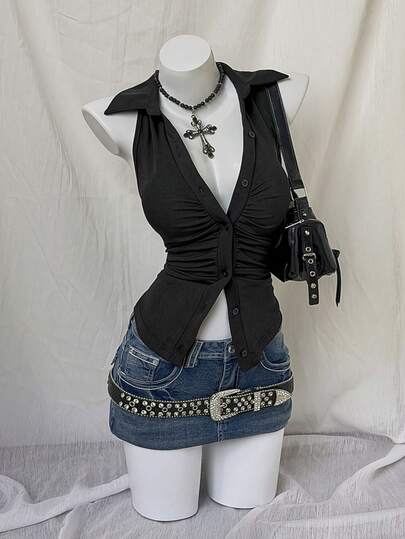 Sunspun Plus Size Polo Collar Sexy Slim Fit Pleated Sleeveless Tank Top