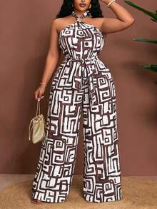 Slaydiva Frühlings-/Sommer-Neuheit, locker sitzender ärmellose Jumpsuit mit Trägerhalsband, Taillenbindung und weitem Bein, abstraktes geometrisches Muster, Wickelkleid in Große Größen für Damen, Rabattcode für Damenkleider "Wow Dress", Jumpsuit in Große Größen, Palazzo-Jumpsuit in Große Größen - Verschiedenfarbig - Übersicht 5
