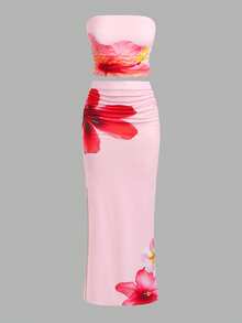SHEIN Teen Girl Pink Tropical Print Vacation Style Fitted Tube Top & Maxi Skirt 2-Piece Set - Pink - View 5