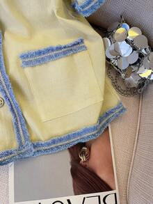 Selianne Áo khoác nữ dáng suông, thanh lịch, tối giản, có túi và tua rua, tay ngắn, thích hợp cho mùa hè. - Vàng nhạt - Xem 5