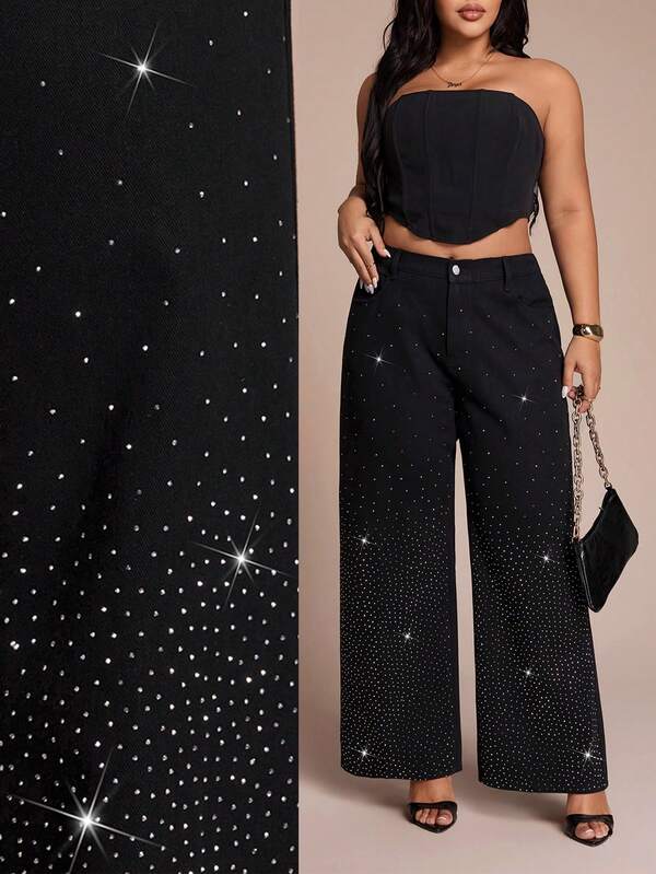 SHEIN PETITE CURVE Plus Size Women's Y2K High Waist Wide Leg Black Jeans With Gradient Rhinestone Detail Sparkly Denim Pants For Party Club Outfits Plus Size Casual Rhinestone Decor Straight Leg Jeans