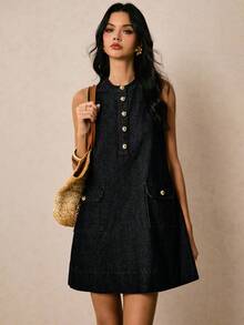 Poéselle Đầm denim nữ mới về, kiểu dáng chữ A không tay, cài khuy nửa thân, màu xanh dương, thích hợp cho mùa thu, phong cách Pháp, đầm thường ngày, đầm đi nghỉ mát, đầm dự tiệc, đầm đi chơi, đầm dành cho người giàu, đầm tựu trường, đầm sinh nhật cho nữ, trang phục giáo viên cho nữ. - màu đen - Xem 5