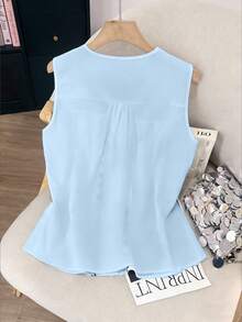 GlowEve Áo sơ mi nữ màu trắng cổ chữ V không tay, thêu hoa kiểu vintage. - Màu xanh nhạt - Xem 2