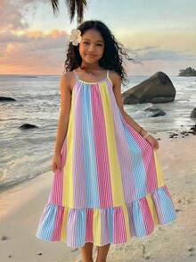 Sparklyn Girls Vacation Suitable For Beach Striped Sleeveless Dress, Fresh Look For Little Girls - Multicolor - View 1