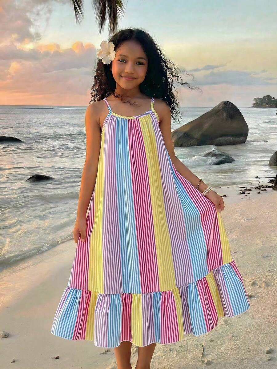 Sparklyn Girls Vacation Suitable For Beach Striped Sleeveless Dress, Fresh Look For Little Girls - Multicolor - View 1