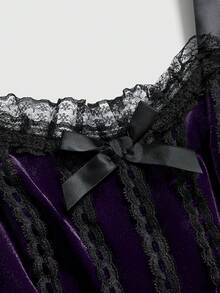 ROMWE Váy dây mảnh phong cách cung điện Gothic cổ điển màu tương phản, mặt dây chuyền ren cỡ lớn cho nữ mùa hè - Màu tím - Xem 3