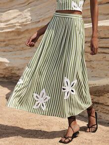 Maija Women's Vacation Casual Striped Hollow Floral Embroidery A-Line Skirt,Vacation Outfits Women Beach Vacation Green Striped Summer - Army Green - View 4