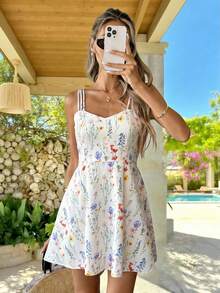 Pariaura 女士碎花吊带连衣裙，适合海滩度假 - 杏色 - 查看 3