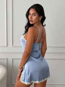 Slaydiva Áo maxi hai dây bằng satin phối ren, phối màu mùa hè, xẻ tà bên hông (có thể mặc như váy) - Màu xanh lam - Xem 3