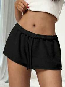 SHEIN 少女抽绳腰带翻边休闲短裤 - 黑色 - 查看 3