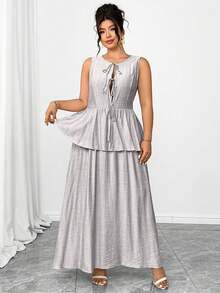 Elenzga Đầm cỡ lớn chất liệu giả vải lanh, cổ tròn, không tay, điểm nhấn là nhiều lớp nơ, viền bèo nhún, dáng chữ A, kiểu dáng thanh lịch thường ngày, thích hợp cho đi chơi, dự tiệc hoặc đi nghỉ mát. - Xám - Xem 7