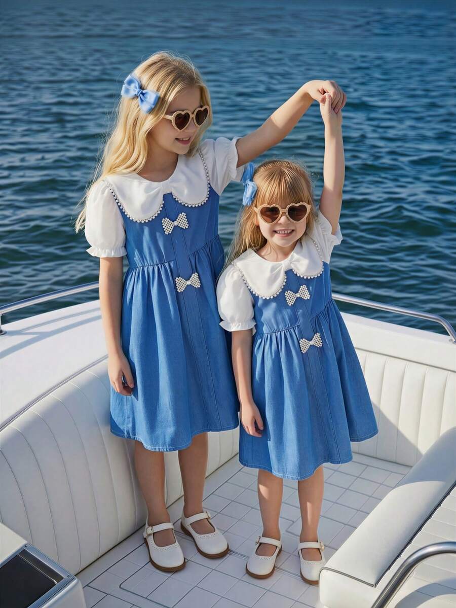 Elladie kids 小女孩优雅的拼布夏季连衣裙 - 淺藍色 - 查看 1