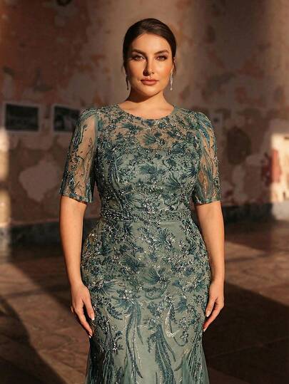 Serin Đầm dạ hội cỡ lớn, thanh lịch, lãng mạn màu xanh bạc hà, cổ tròn, tay lửng, chất liệu lưới xuyên thấu đính sequin, thích hợp cho các bà mẹ.