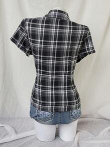 Sunspun Camisa de aspecto de mezclilla con parches a cuadros, talla grande y casual - Multicolor - Ver 2