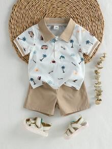Souflis Souflis Bộ đồ hè thời trang mới cho bé trai, gồm áo polo cổ bẻ in hình cây cọ và thuyền, quần short cạp chun, kiểu dáng sành điệu và thoải mái, phù hợp cho bé trai từ 6 tháng đến 3 tuổi, hoàn hảo cho mặc hàng ngày, hoạt động ngoài trời và đi học. - Màu be - Xem 1