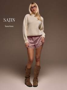 MUSERA 弹力缎面套穿蕾丝边短裤 可爱夏季度假波西米亚风夏季可爱裤装 春季假日休闲装 - 藕粉色 - 查看 6