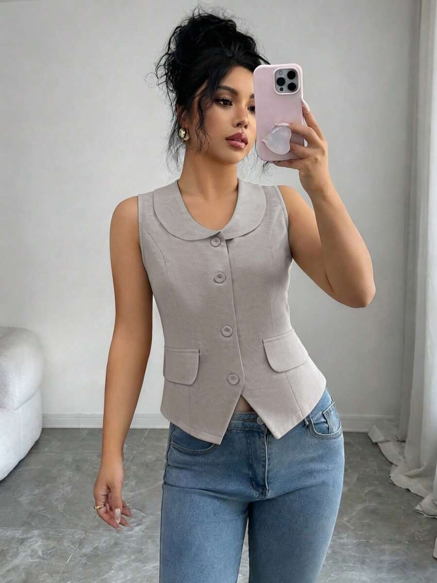 SHEIN Clasi 女款優雅日常辦公合身披肩領襯衫 - 杏色 - 查看 1