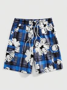 ROMWE MEN Men's Casual Plaid & Floral Print Shorts, Summer - Multicolor - View 1