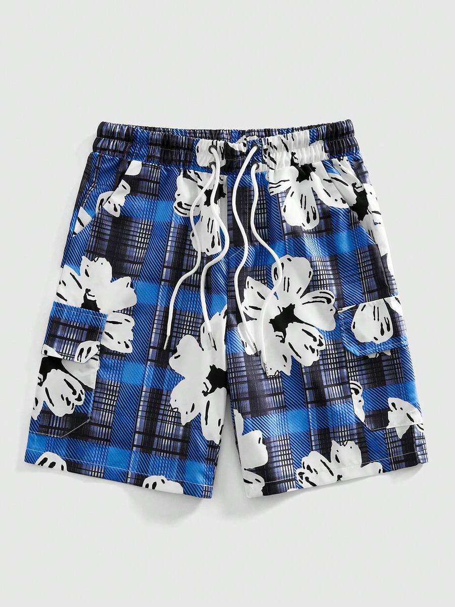 ROMWE MEN Men's Casual Plaid & Floral Print Shorts, Summer - Multicolor - View 1