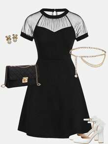 Girlism Vestido casual de unicolor para adolescentes, de punto combinado con malla transparente - Negro - Ver 3