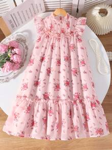 SHEIN Vestido suelto de niña preadolescente con cuello de volantes, mangas de campana y estampado de gasa rosa, elegante y apropiado para verano, vacaciones y viajes - Rosa - Ver 3